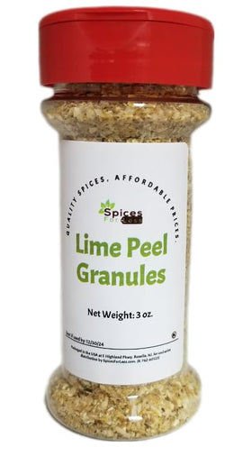 Spices For Less lime peel granules jar offers bright citrus for marinades and rubs.