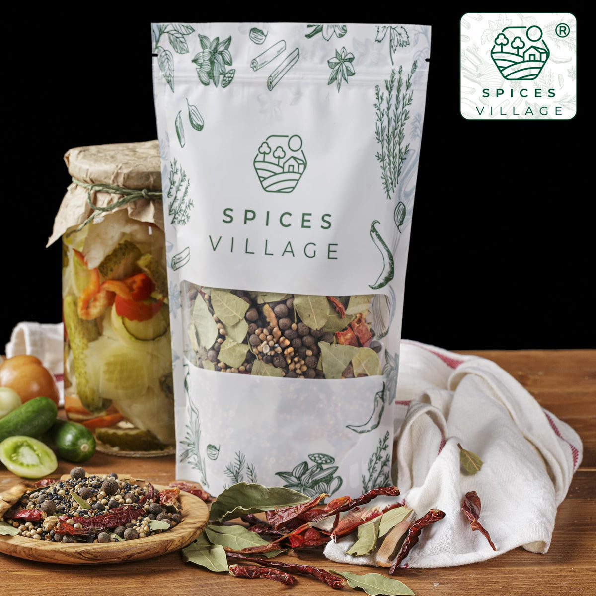 Spices Village bay leaves allspice cinnamon detail highlights warm, aromatic notes.