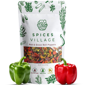 Spices Village dried bell pepper flakes in a jar add vibrant color and flavor to meals.
