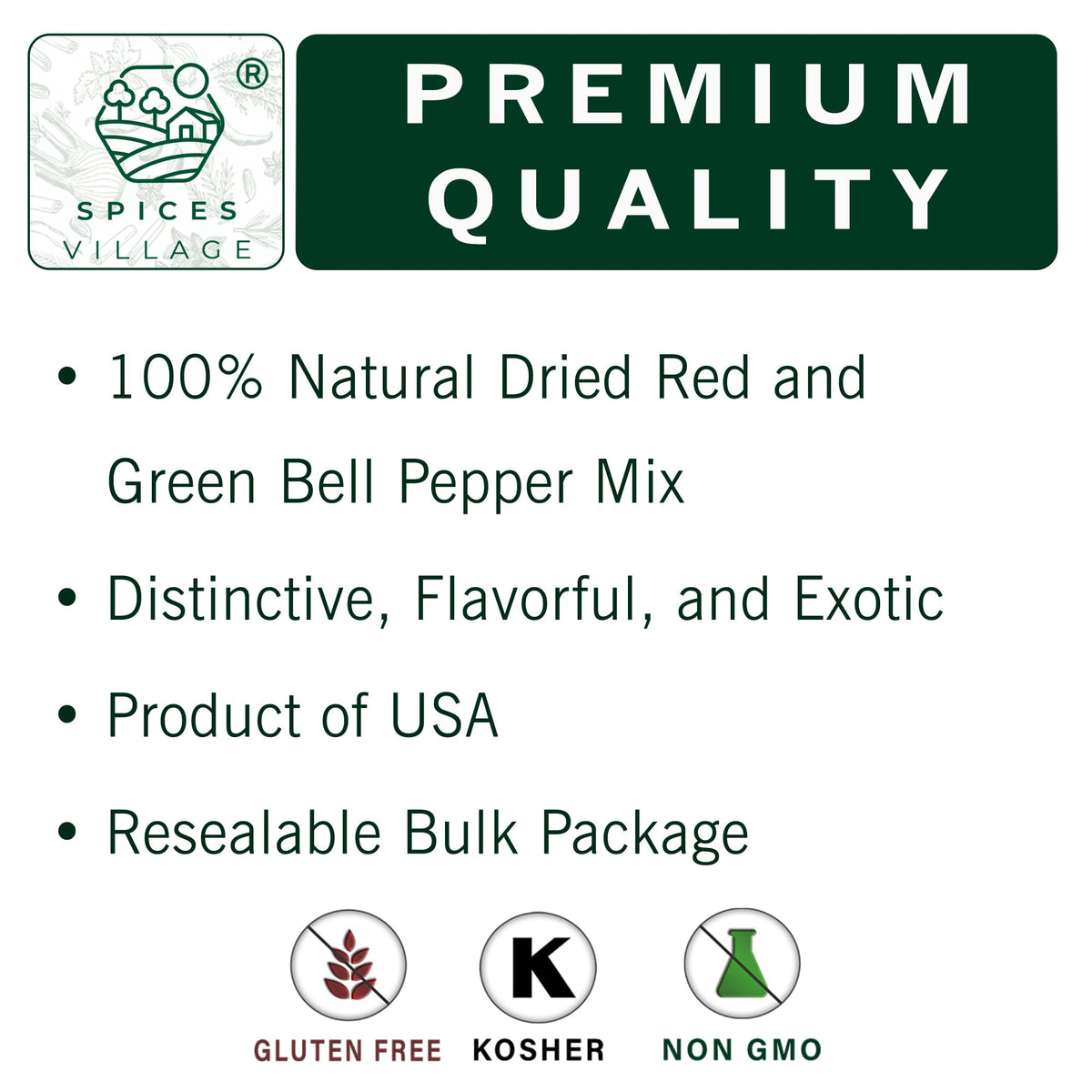 Spices Village dried peppers stay fresh in resealable packaging for pantry use.