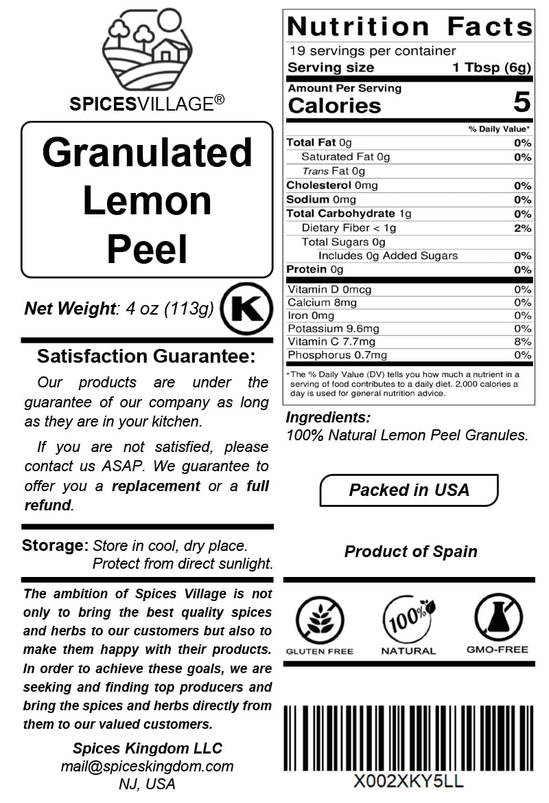Spices Village kosher-certified lemon zest package for versatile cooking