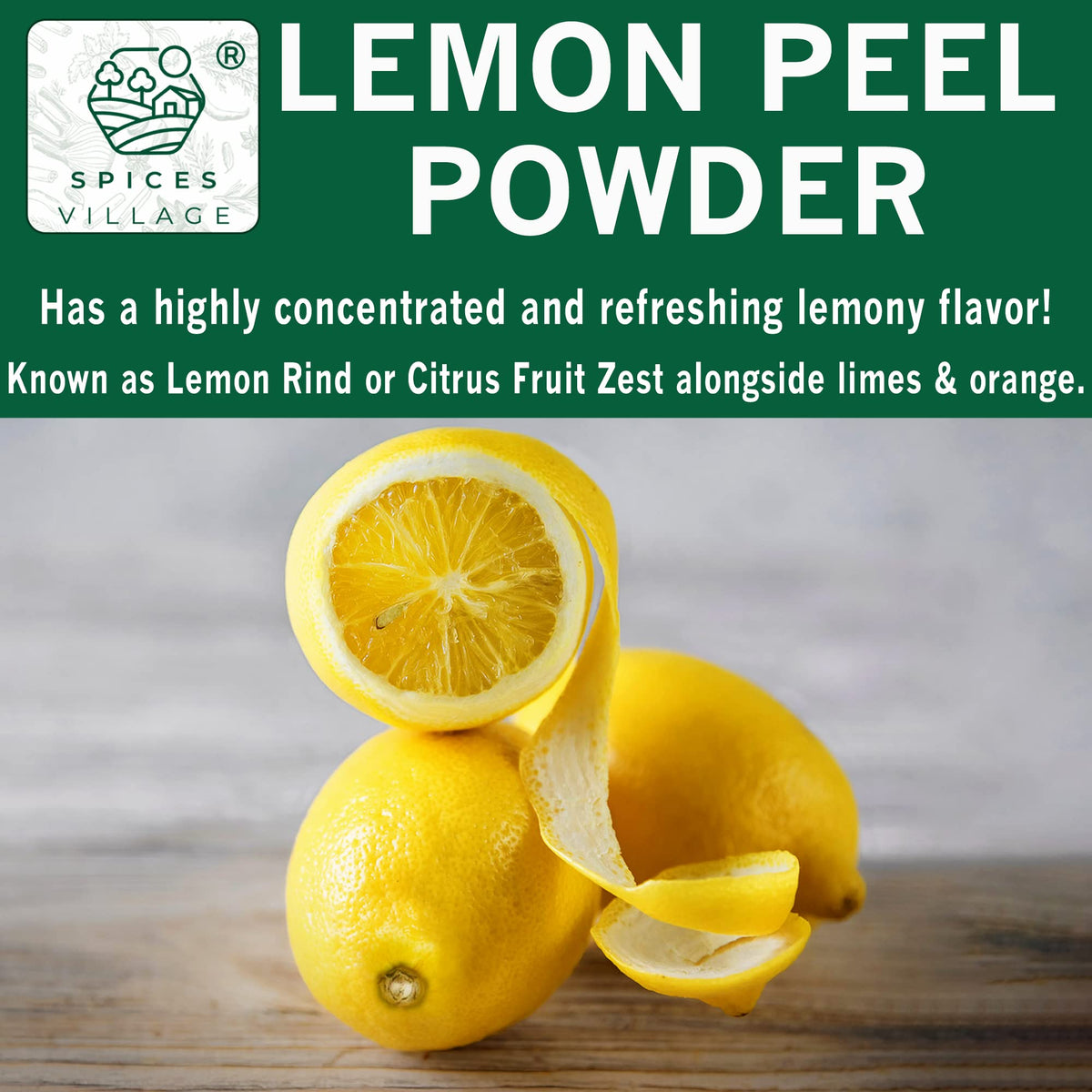 Closeup of Spices Village lemon peel texture highlighting natural aroma.