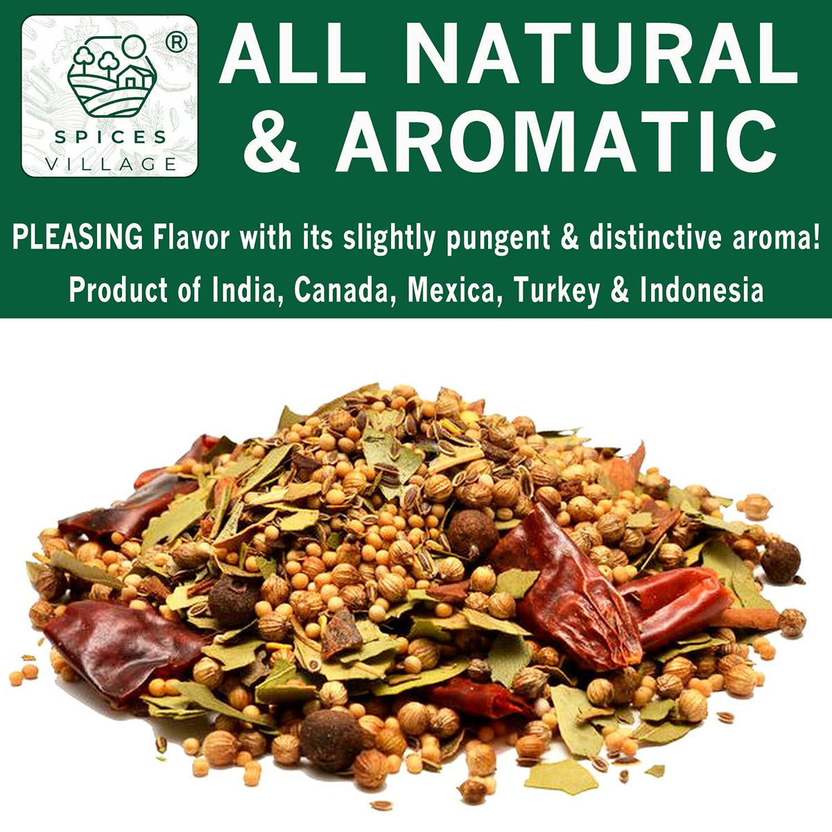 Spices Village mustard seeds coriander dill detail emphasizes authentic flavor base.