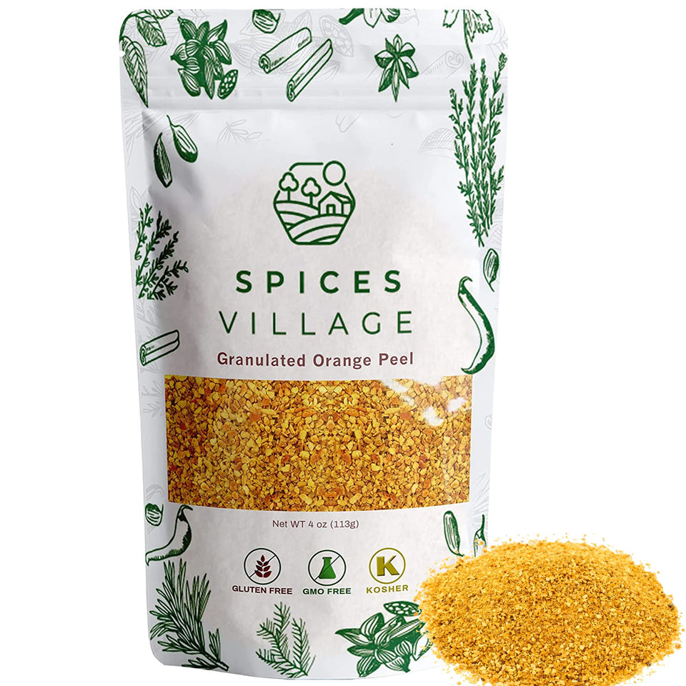 Spices Village orange peel granules in a bottle, convenient dried zest for baking and tea.