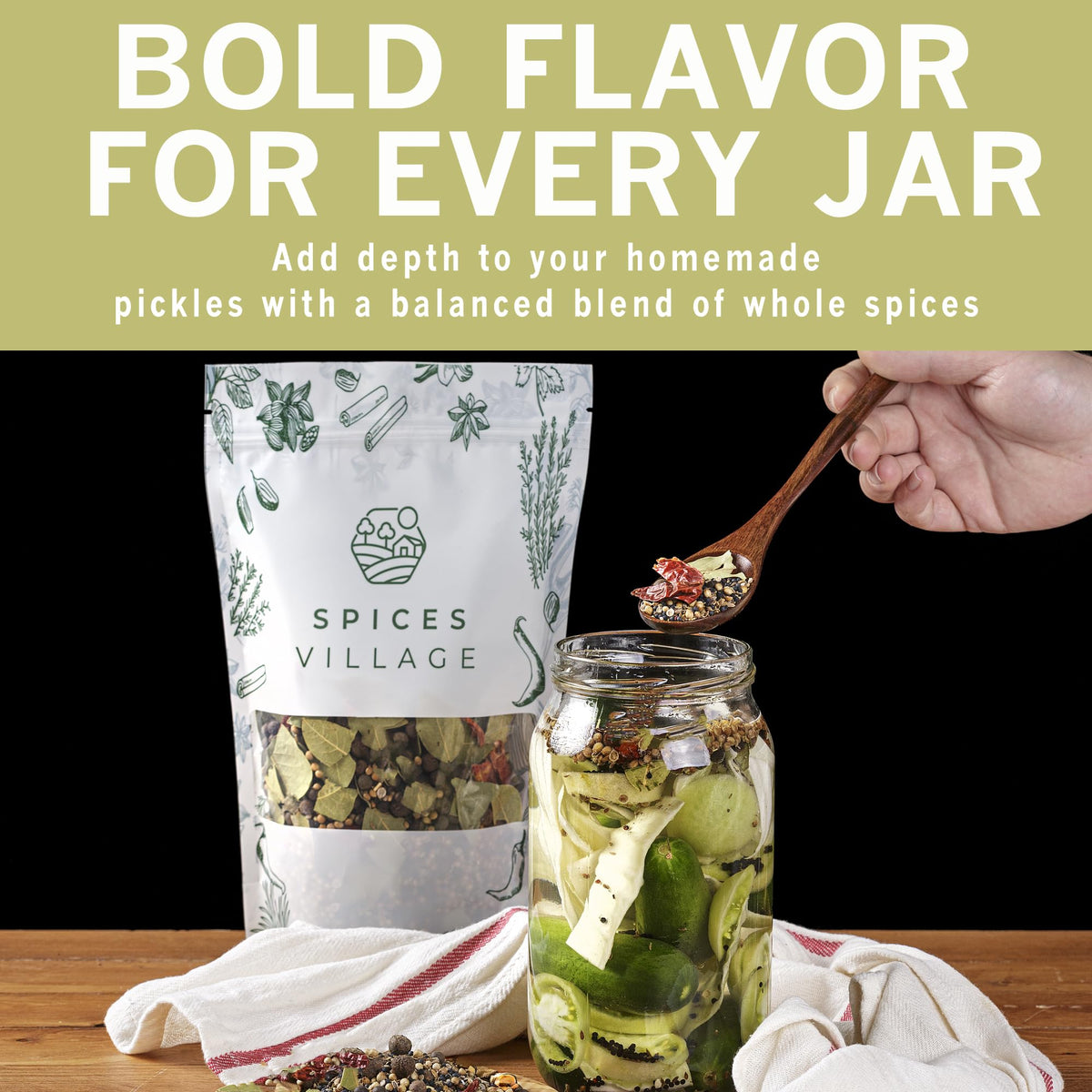 Spices Village kitchen scene with pickling spice suggests versatile uses.
