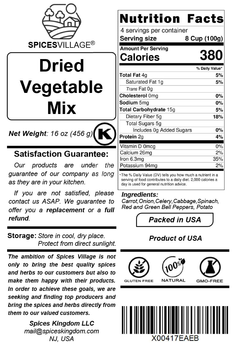 Spices Village resealable bulk bag keeps vegetables crisp and fresh.