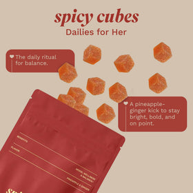Spicy Cubes Dailies for Her bottle contents reveal vegan, plant-based wellness in every bite.