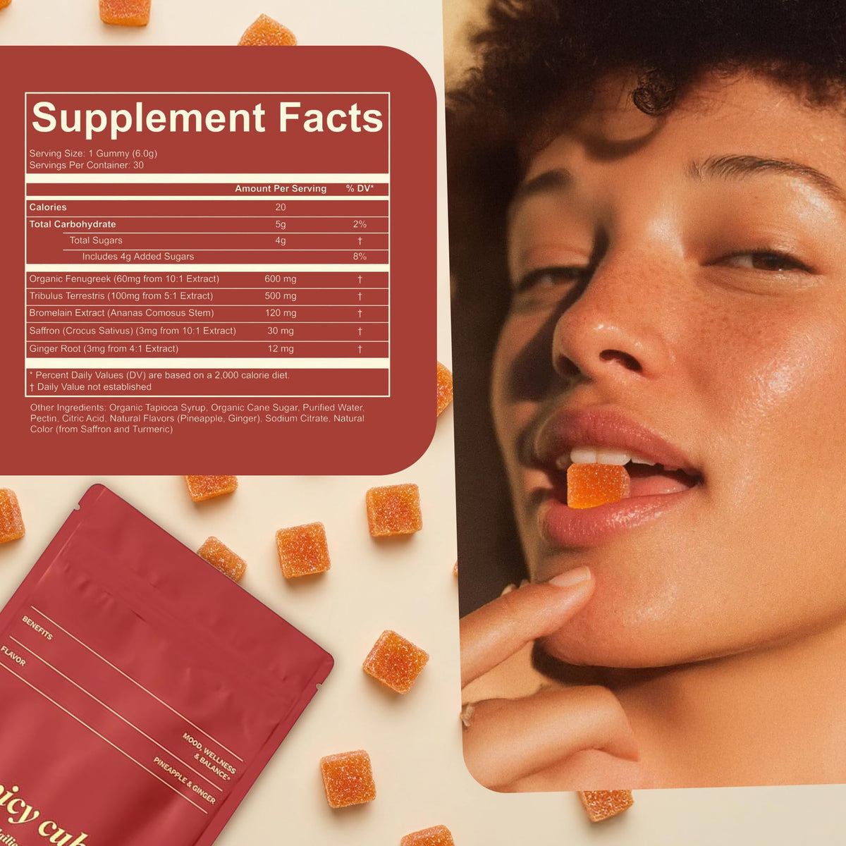 Spicy Cubes Dailies for Her gummy closeup showcases tropical pineapple ginger flavor.