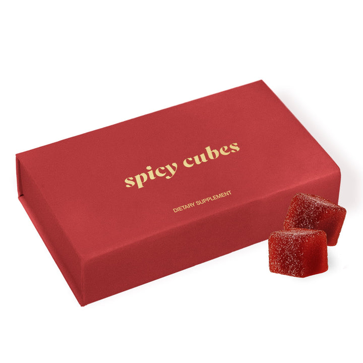 Spicy Cubes hot peach gummies packfront with premium gift-ready packaging for social moments.