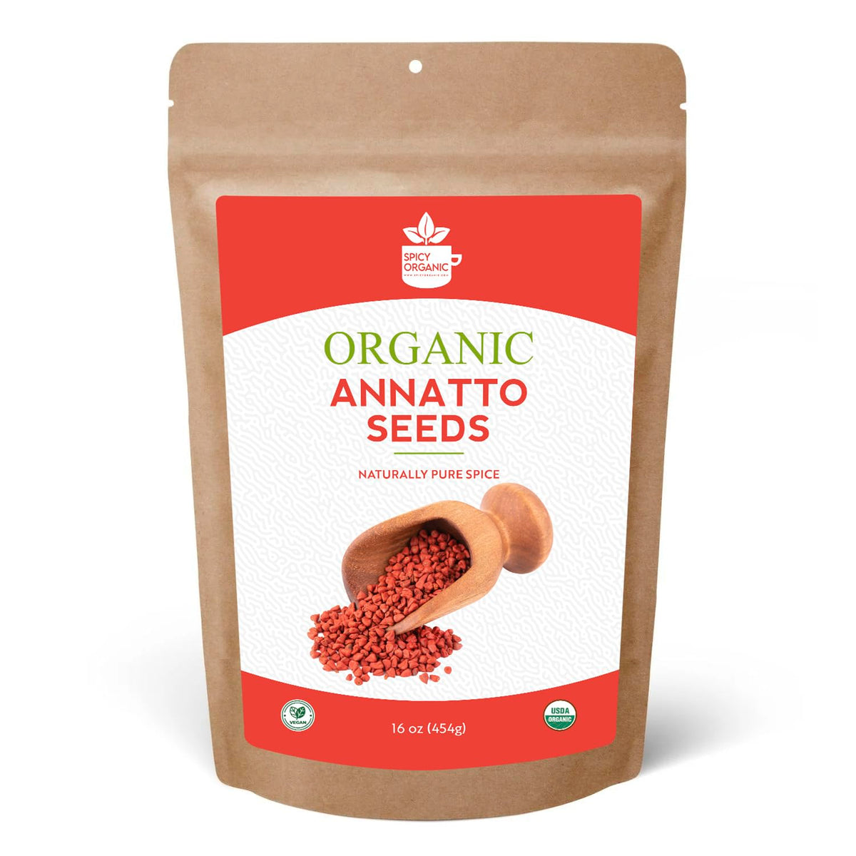 SPICY ORGANIC annatto seeds whole 16oz front view for vibrant cooking color.