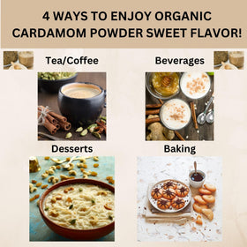 SPICY ORGANIC cardamom powder aroma in jar boosts brewing for tea and desserts.