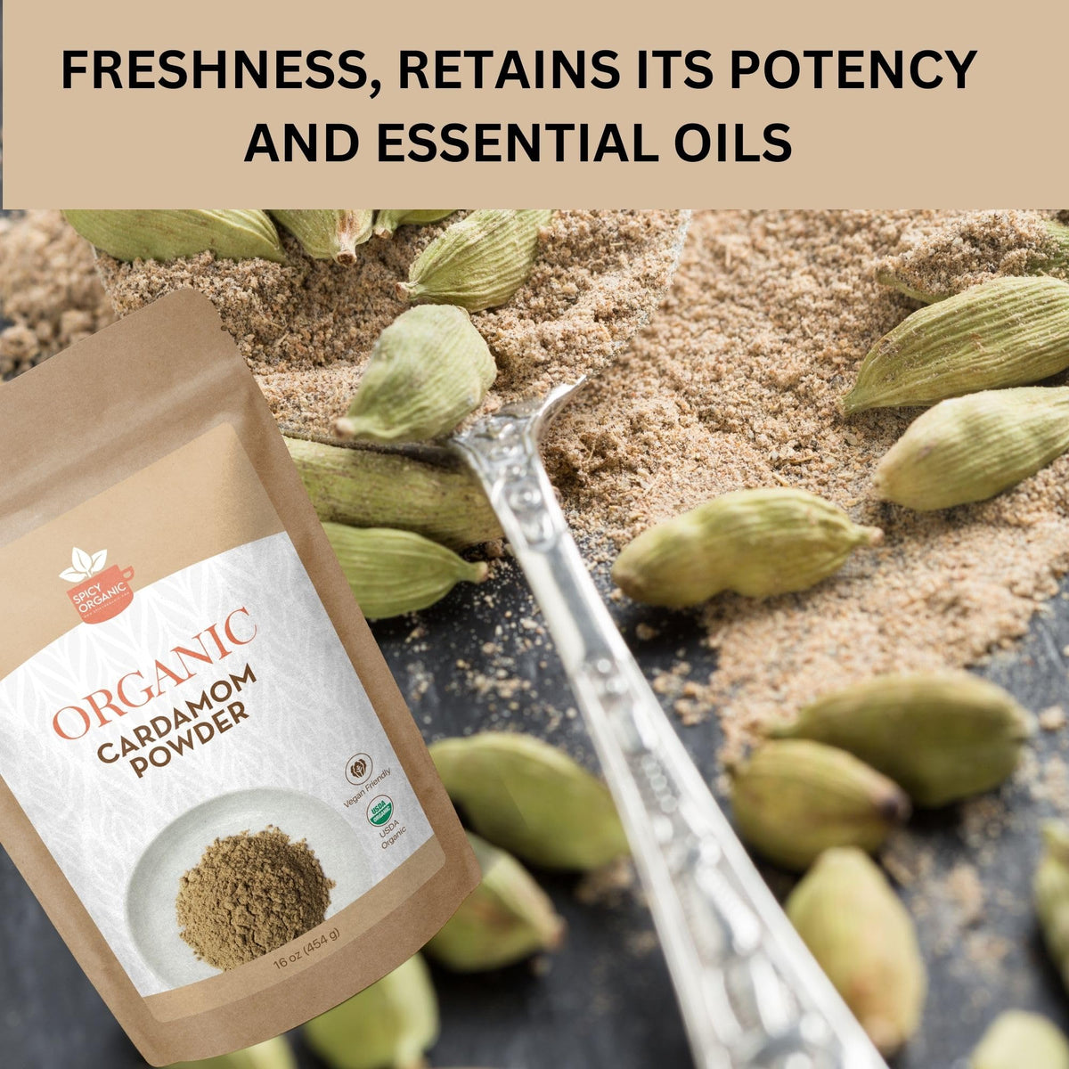SPICY ORGANIC cardamom powder jar complements coffee blends with fragrant notes.