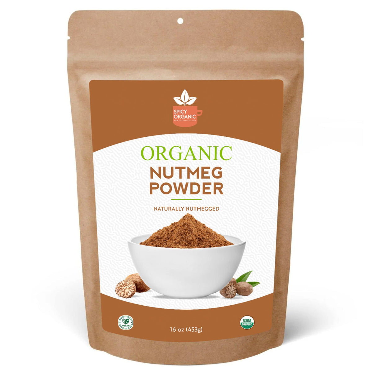 SPICY ORGANIC nutmeg bottle on counter with warm aroma for baking