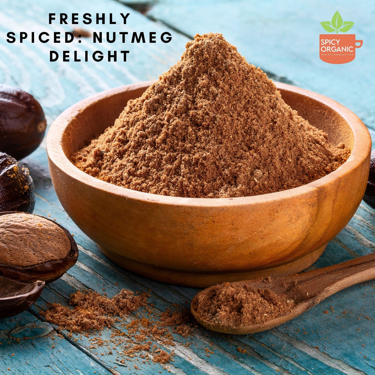 SPICY ORGANIC nutmeg powder close-up showing fine texture