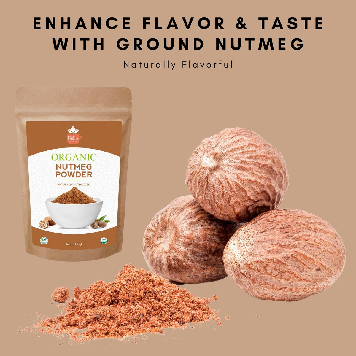 SPICY ORGANIC nutmeg powder label highlights USDA Organic, Kosher
