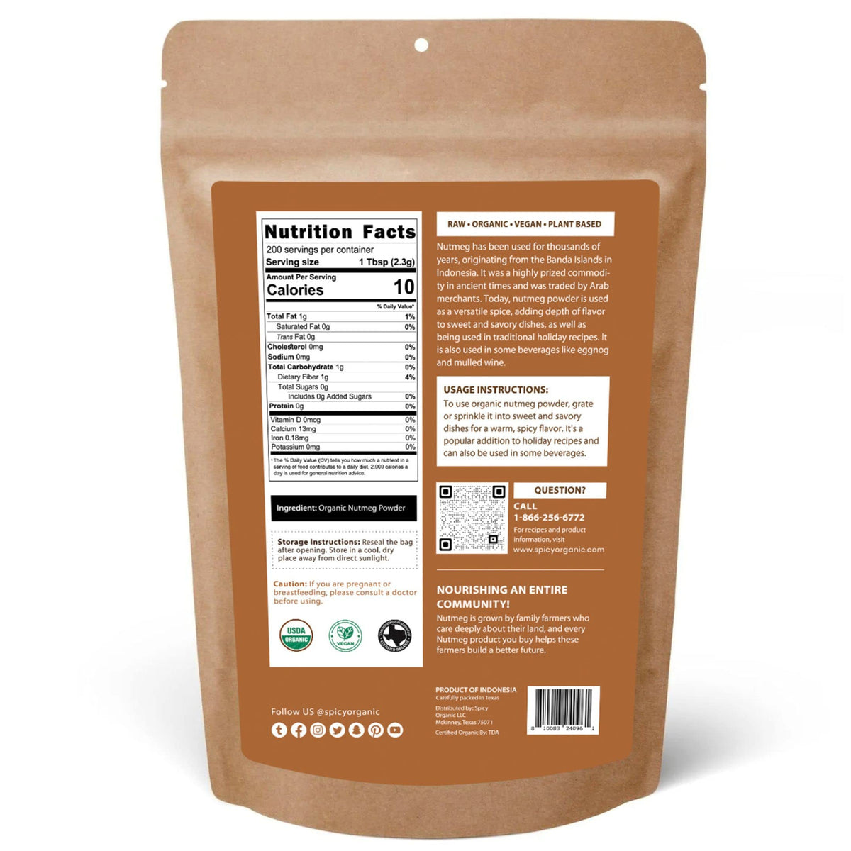 SPICY ORGANIC nutmeg powder being poured, enhancing recipes easily