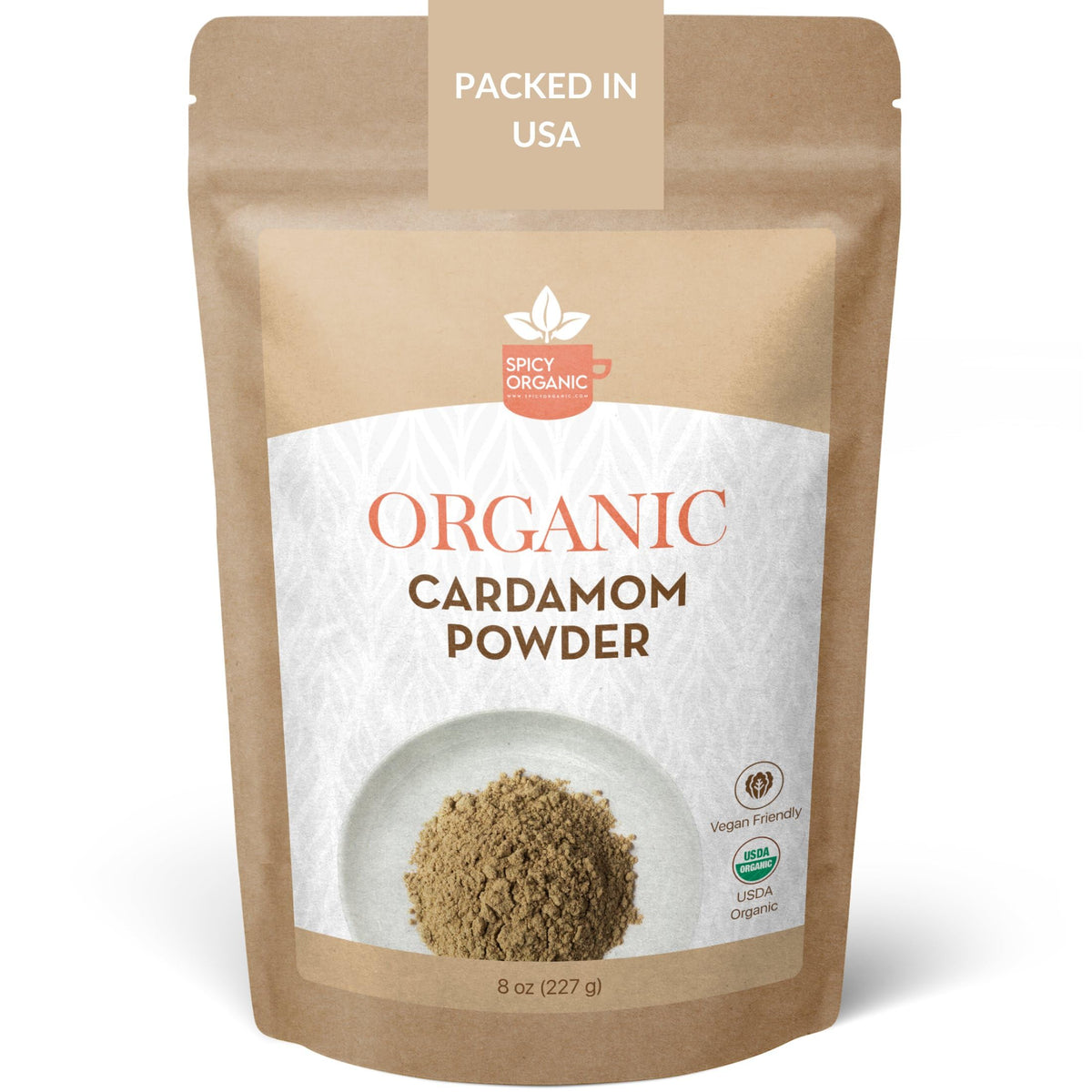 Spicy Organic ground cardamom powder in an 8 oz container enhances baking aroma.