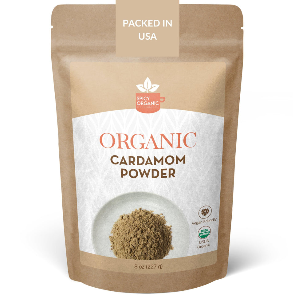 Spicy Organic ground cardamom powder in an 8 oz container enhances baking aroma.
