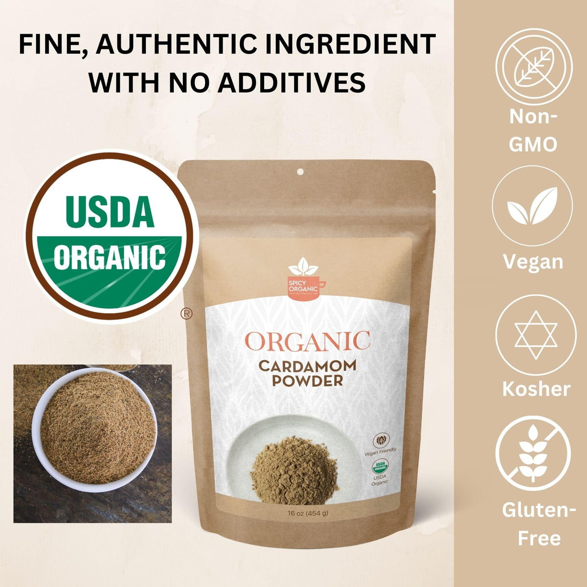 Spicy Organic ground cardamom in a resealable packaging bag to keep freshness.