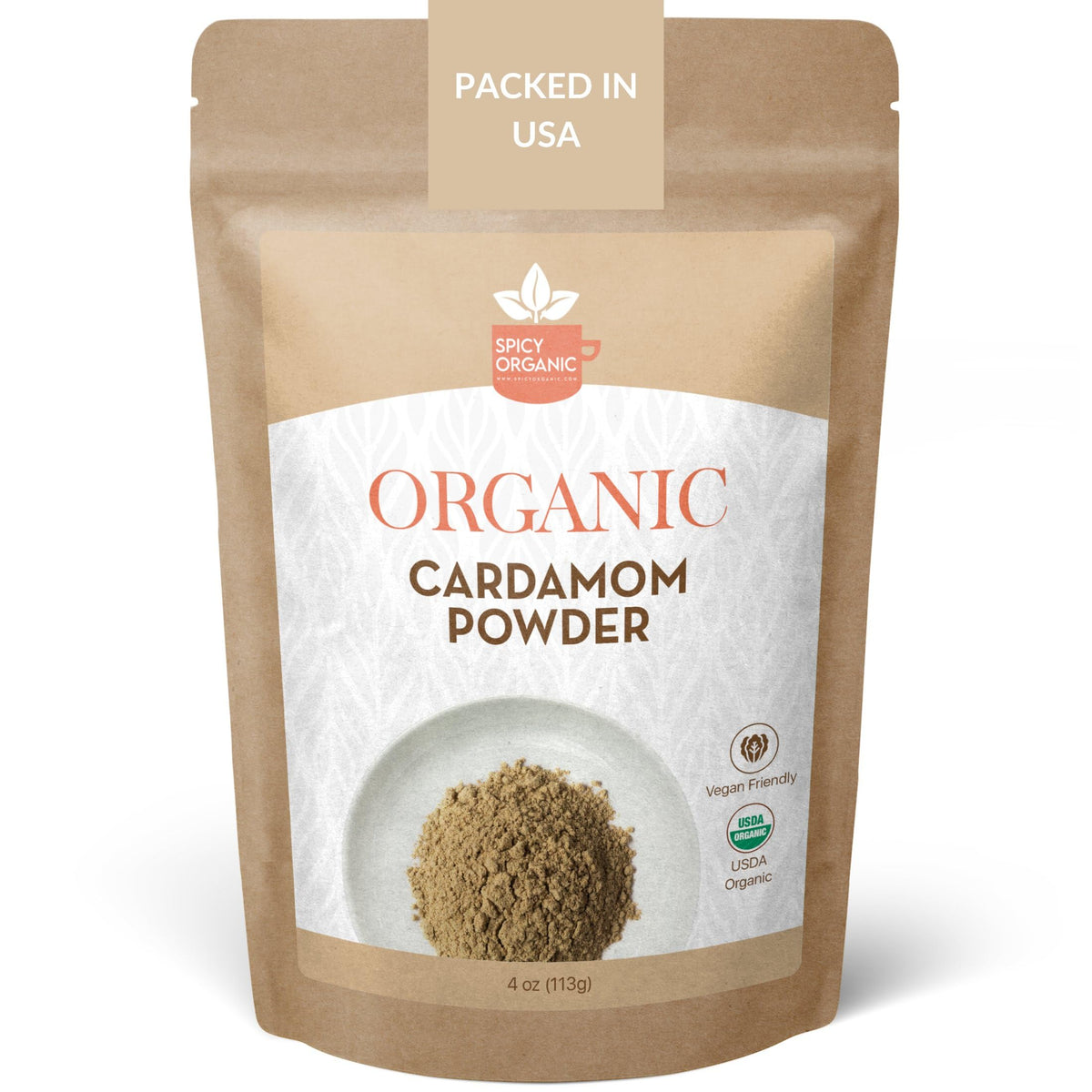 SPICY ORGANIC ground cardamom powder jar enhances aroma for tea and curries.