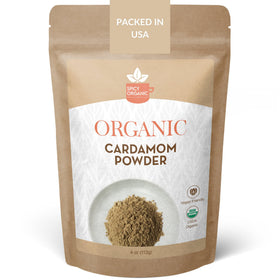 SPICY ORGANIC ground cardamom powder jar enhances aroma for tea and curries.