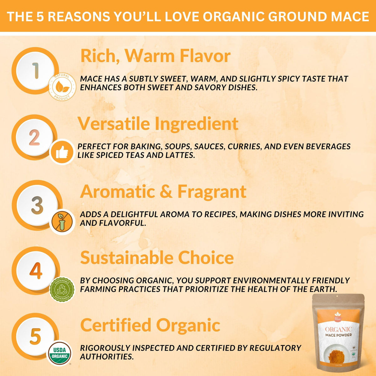 SPICY ORGANIC Ground Mace label closeup signals organic, non-GMO quality