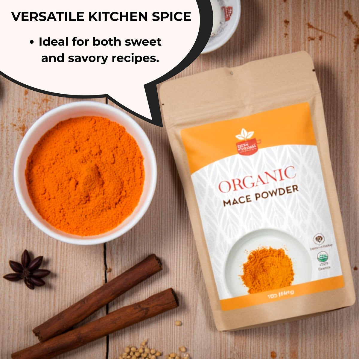 SPICY ORGANIC Ground Mace spoon-dusting enhances desserts and sauces