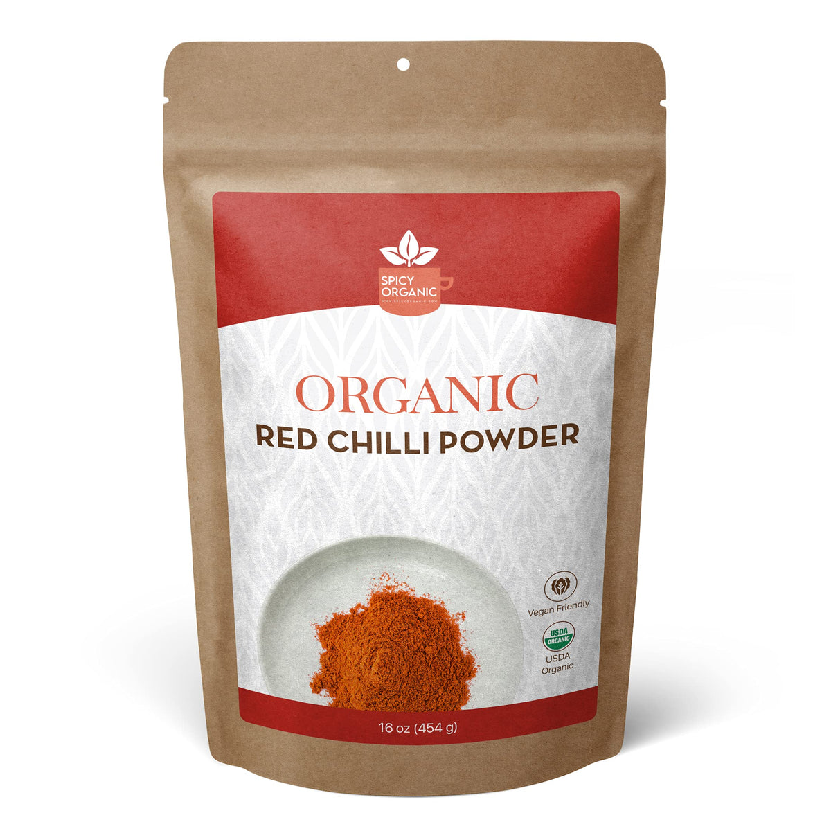 SPICY ORGANIC red chili powder bottle displaying vibrant color for flavorful soups and stews