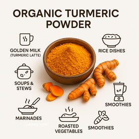 SPICY ORGANIC turmeric powder dusted on a surface with golden hue
