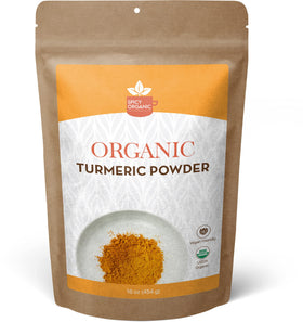 SPICY ORGANIC turmeric powder jar 16oz with vibrant golden color for cooking and wellness