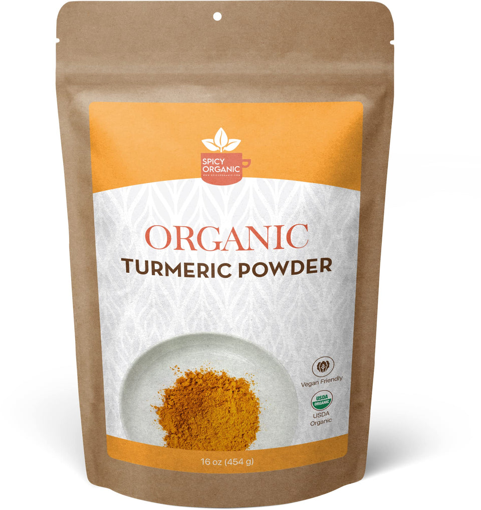 SPICY ORGANIC turmeric powder jar 16oz with vibrant golden color for cooking and wellness