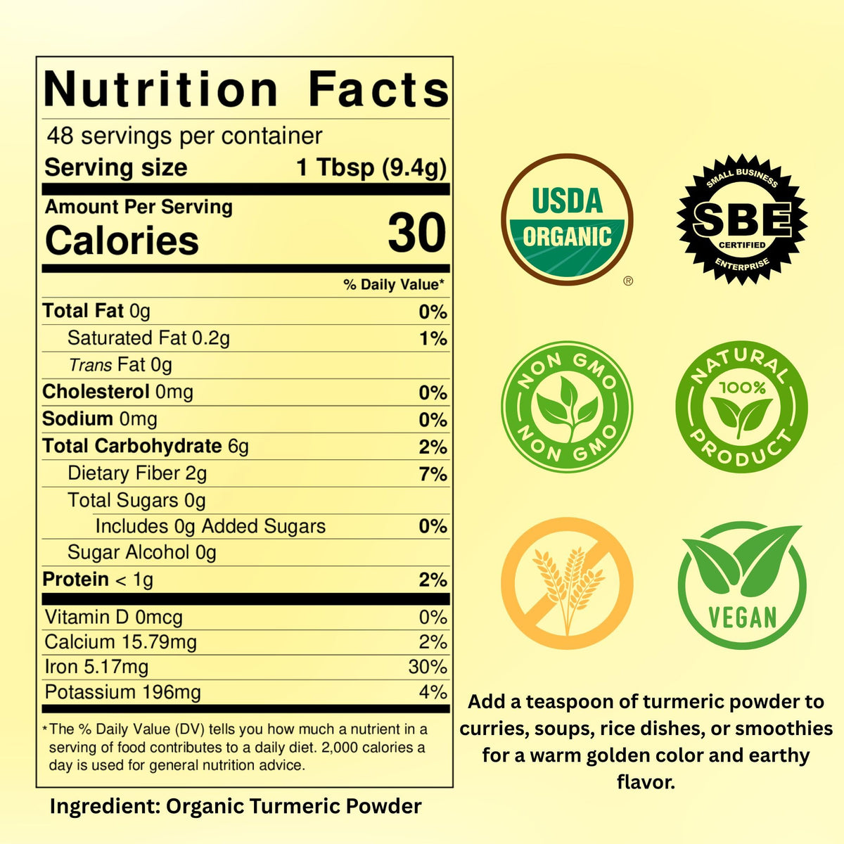SPICY ORGANIC turmeric powder packaging standup pouch showing fresh packaging