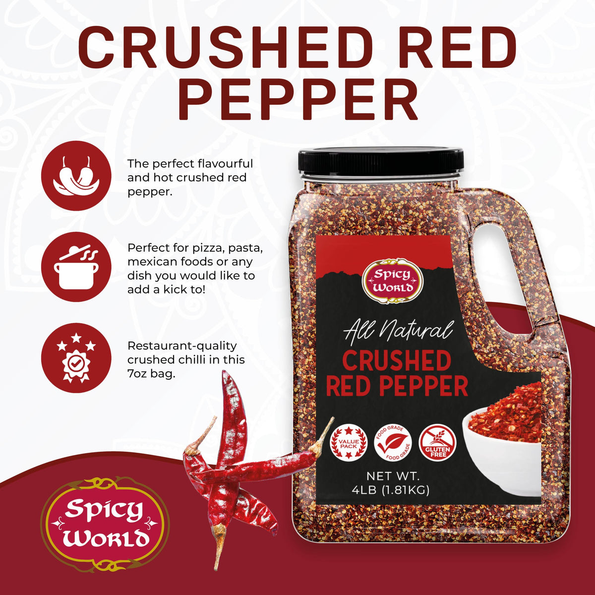 Spicy World 4-pound jar on a kitchen counter emphasizing bulk convenience.