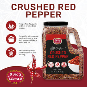 Spicy World 4-pound jar on a kitchen counter emphasizing bulk convenience.