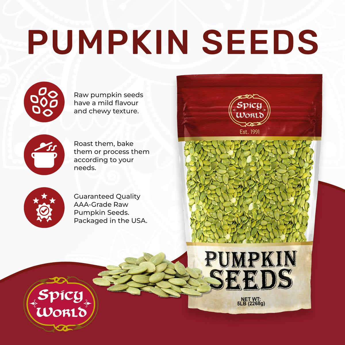 Spicy World AAA-grade pumpkin seeds close-up showing uniform size.
