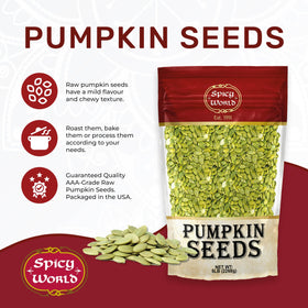Spicy World AAA-grade pumpkin seeds close-up showing uniform size.