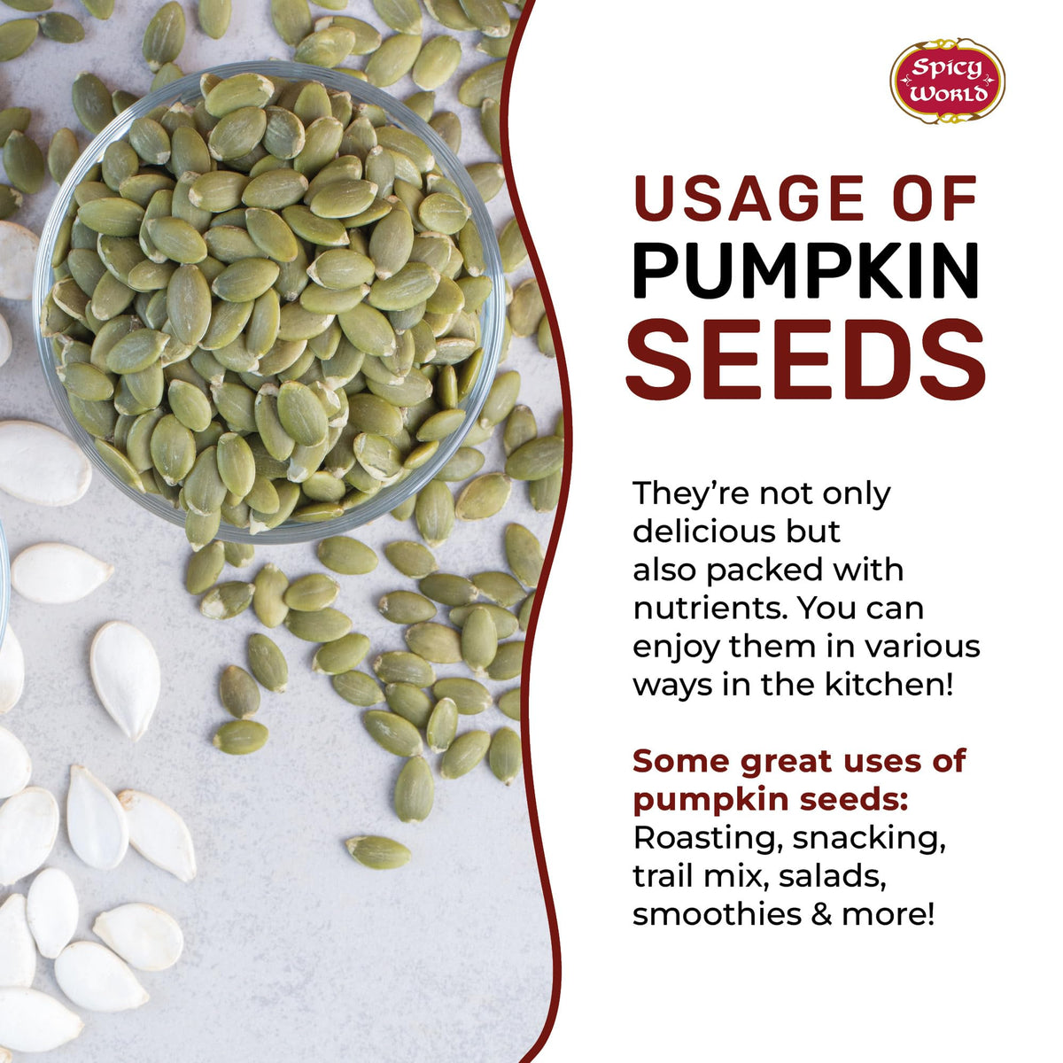 Spicy World AAA-grade pumpkin seeds detail label, showcasing quality and clean processing