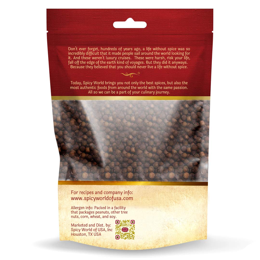 Spicy World allspice berries in a sturdy bag for pantry storage.
