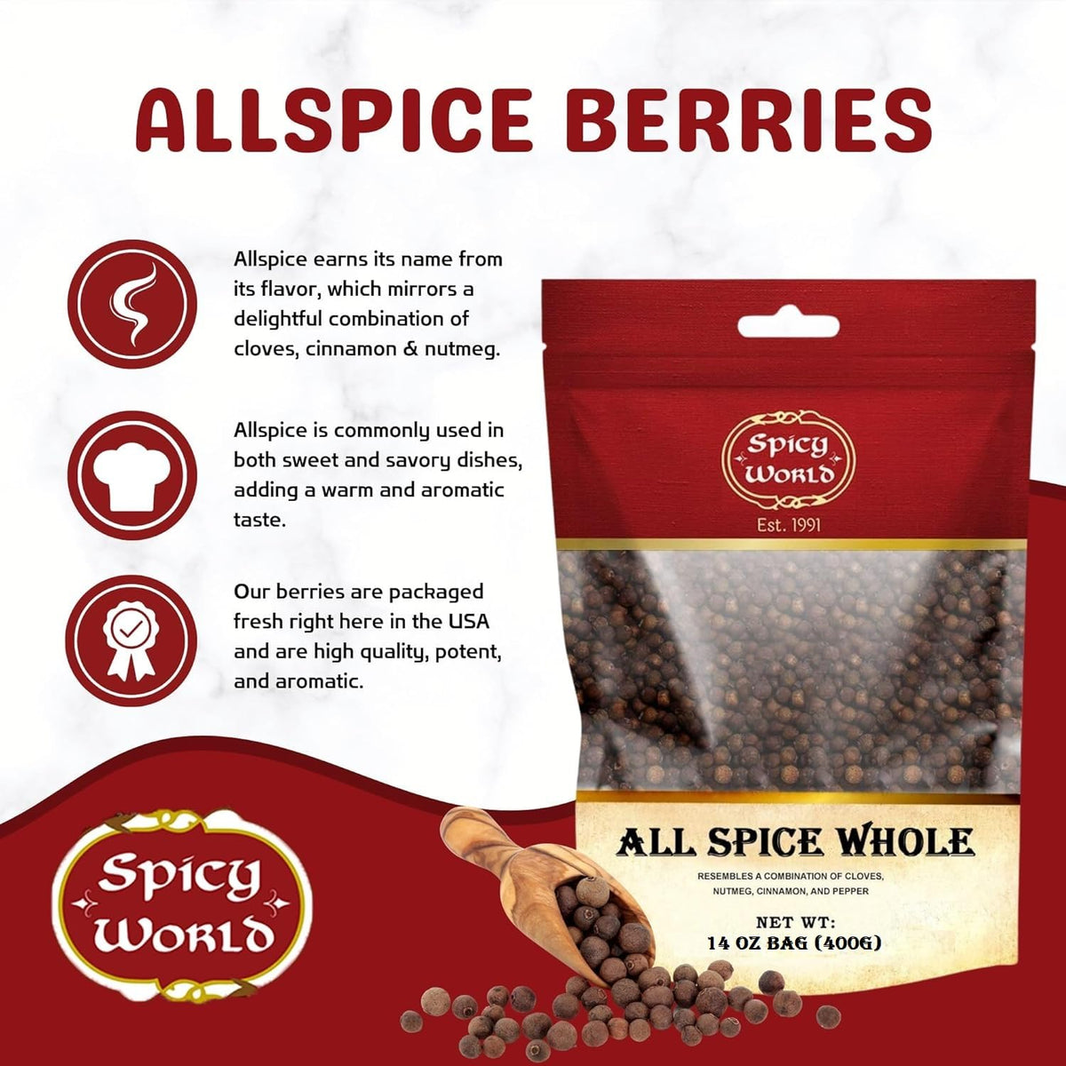Close-up of Spicy World allspice berries highlighting rich aroma ideal for cooking.
