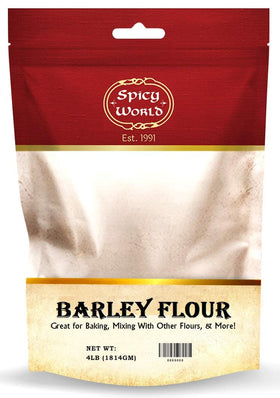 Spicy World Barley Flour bag front highlights USA-grown ingredients for versatile baking.