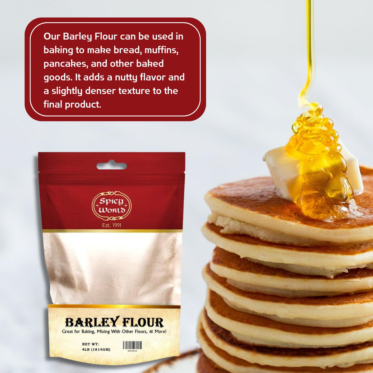 Raw, all-natural barley flour in kitchen setup.