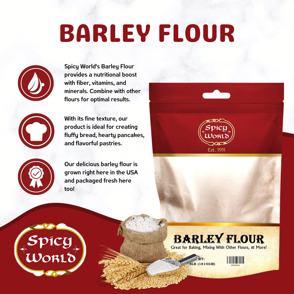 Close-up of barley flour texture emphasizes fine grind for fluffy breads.