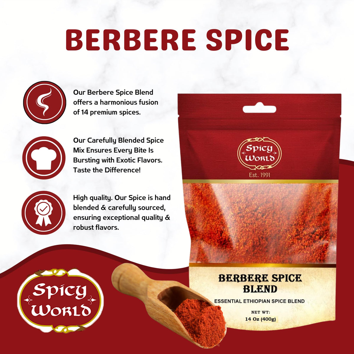Spicy World Berbere ingredients palette with cayenne, fenugreek, and cinnamon for depth