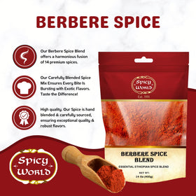 Spicy World Berbere ingredients palette with cayenne, fenugreek, and cinnamon for depth