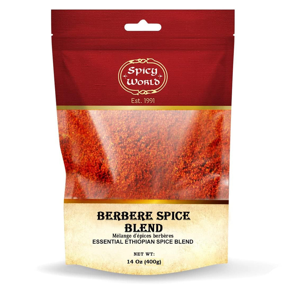 Spicy World Berbere spice blend packaging showcases authentic Ethiopian seasoning for versatile cooking