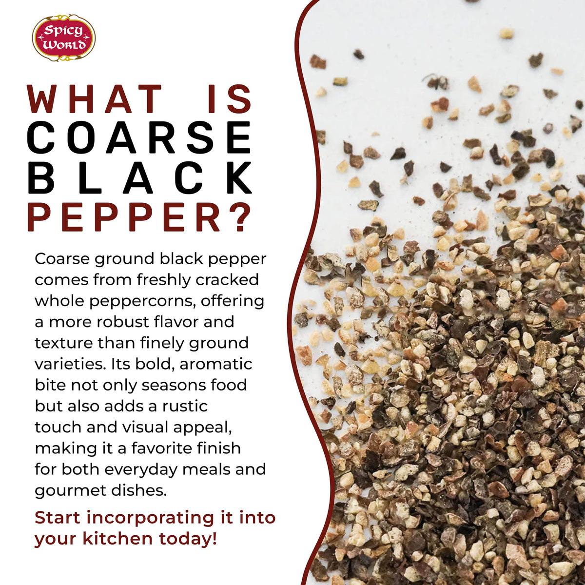 Spicy World black pepper coarse grind used in bulk rub prep on counter