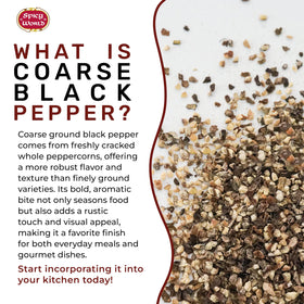 Spicy World black pepper coarse grind used in bulk rub prep on counter