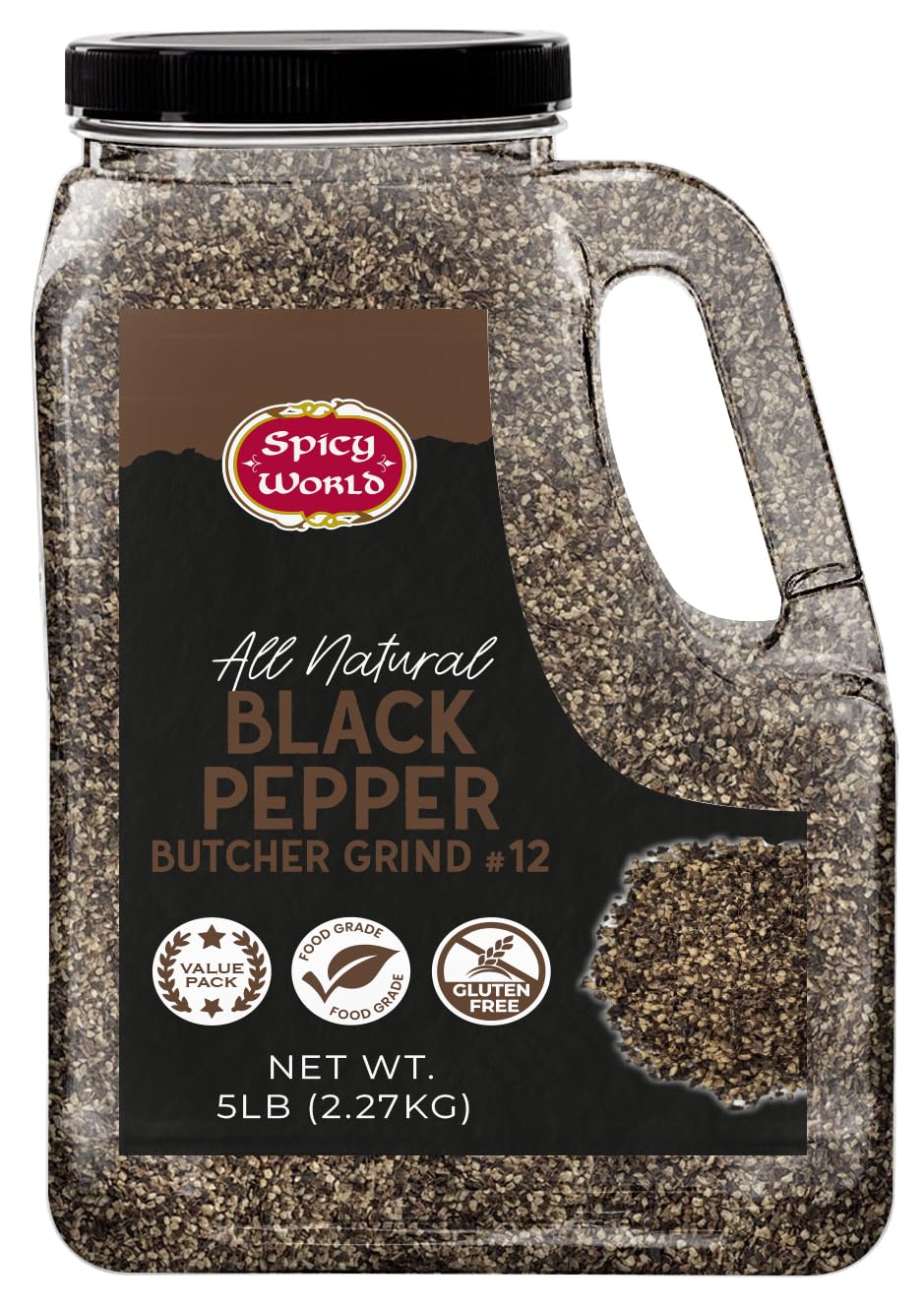Spicy World black pepper coarse grind close-up on jar label for steaks and grilling