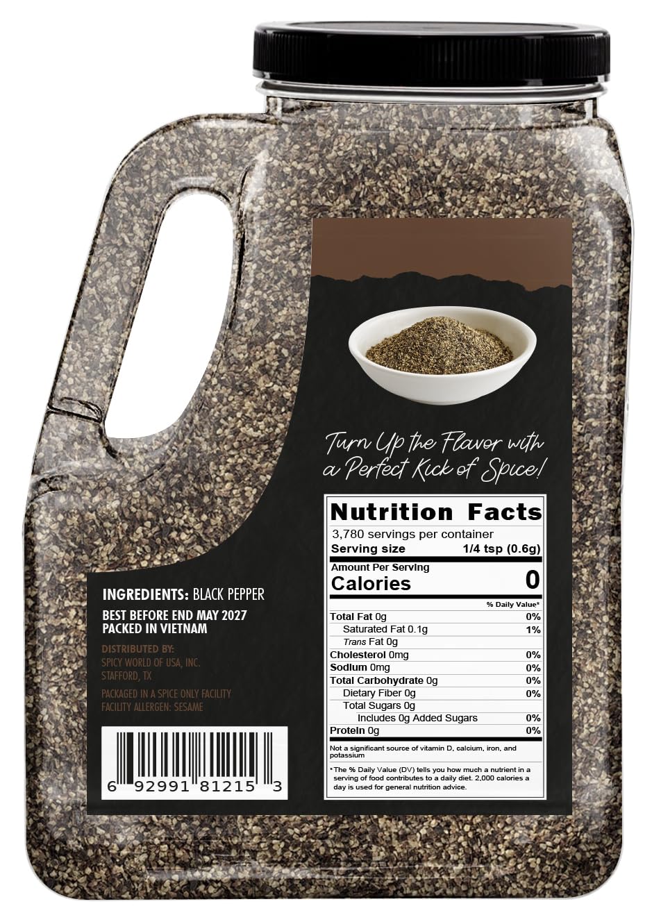 Spicy World black pepper coarse grind jar open pour for easy seasoning