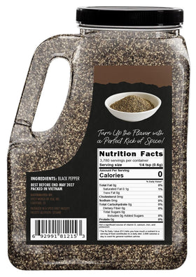 Spicy World black pepper coarse grind jar open pour for easy seasoning